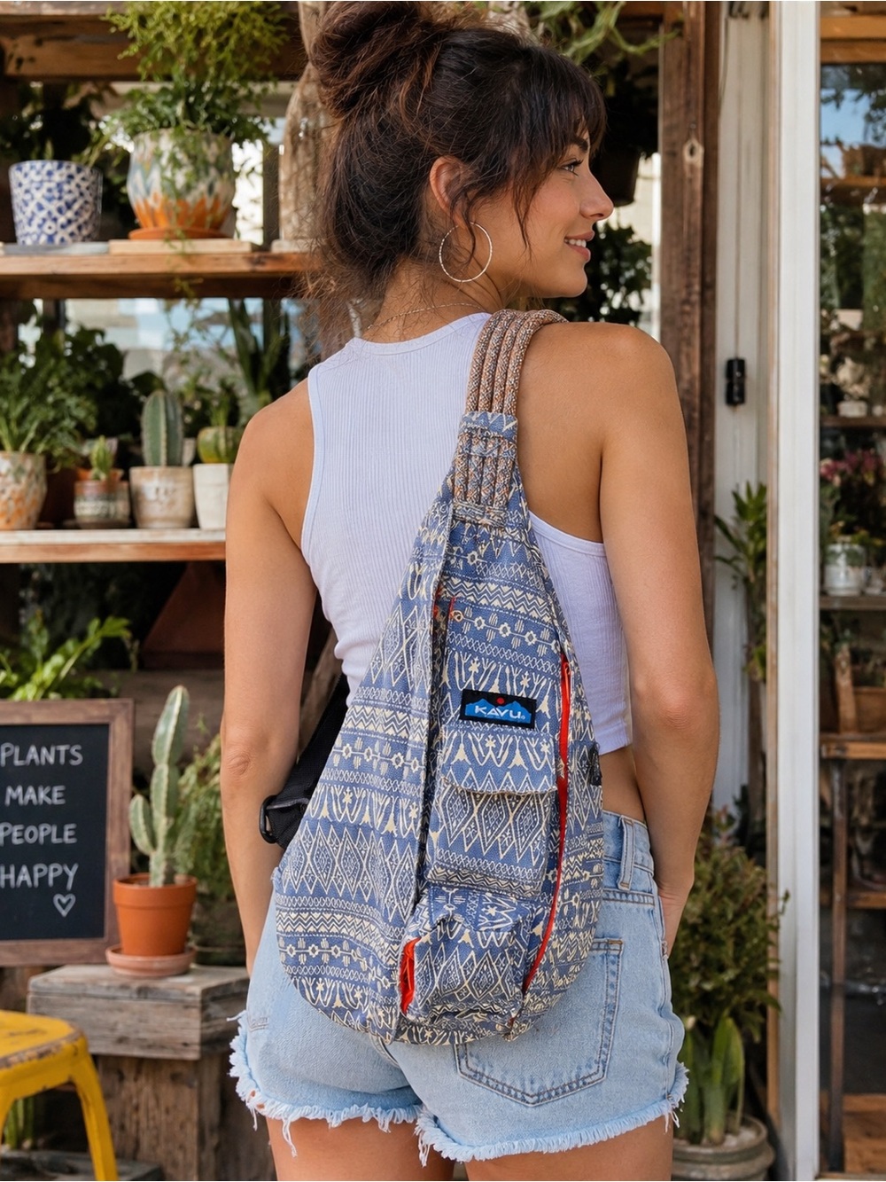 KAVU Rope Sling Bag Blue Geometric Print Cotton Crossbody Backpack EUC